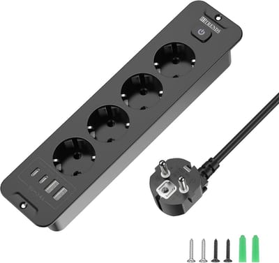 Inbouwstopcontact met 2x USB, 2x USB-C en 4 Stopcontacten met Schakelaar - Zwart