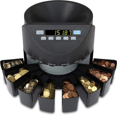 Aura® Munttelmachine met LED-Scherm – Digitale Spaarpot met Teller – 240V – Spaarpot Kluis – 300 Munten per Min – 8 Verzamelboxen – Muntenteller – Muntsorteerder - Zwart - 31cm x 35cm x 26cm; 3.2 kg