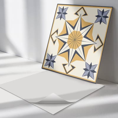 Wallfluent Vinyl Tegels - Kompaspatroon met Sterren Wand PVC Tegels - 30 cm x 30 cm - Geel Vinyl Tegels - 9 stuks - Vierkant PVC Tegels - Patroon Plaktegels - Vinyl Tegels Zelfklevend - Plaktegels Keuken en Badkamer