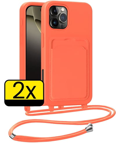 Hoesje Geschikt voor iPhone 16 Pro Telefoonhoesje Met Koord Case Pashouder Siliconen - Hoes Geschikt voor iPhone 16 Pro Hoesje Met Kaarthouder - Papaya - 2 Stuks