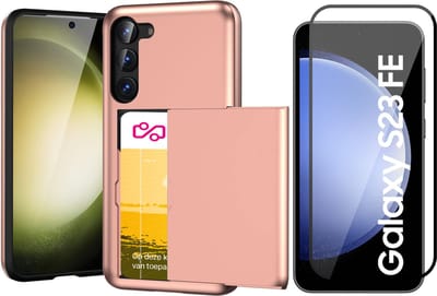 Hoesje met Pasjeshouder geschikt voor Samsung Galaxy S23 FE - Screen Protector FullGuard - Back Cover SlideCase Roségoud & Screenprotector