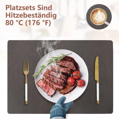 Candala Set van 6 placemats van imitatieleer, afwasbaar en waterdicht, placemats lederlook met onderzetters, dubbelzijdig antislip (vierkant, donkerbruin + zwart)