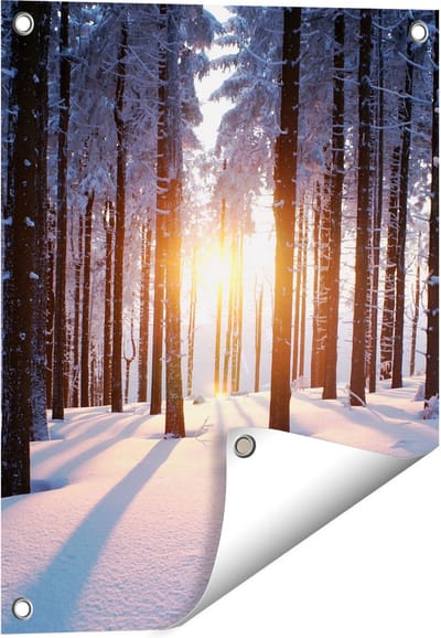Gards Tuinposter Bos met Sneeuw tijdens de Zonsondergang - 40x50 cm - Tuindoek - Tuindecoratie - Wanddecoratie buiten - Tuinschilderij