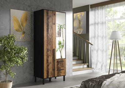 Pro-meubels - Kledingkast Alvin 2 - Zwart mat - Old wood - 81cm - met spiegel - Garderobekast - Kast - Slaapkamer - Opbergkast