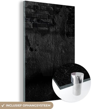 Glasschilderij - Baksteen - Muur - Cement - Zwart - Wit - 120x180 cm - Schilderij glas - Kamerdecoratie