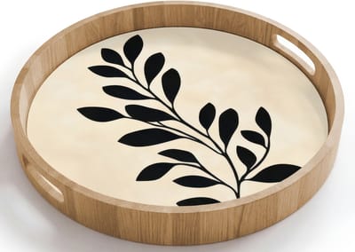 Dienblad rond 40x40 cm - Schootdienblad hout - Minimalistisch - Tak - Bladeren - Zwart - Borrelplank rechthoek - Plateau houten dienbladen