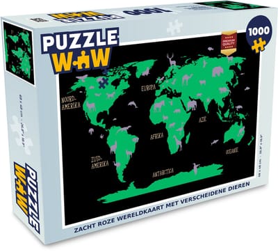 Puzzel Wereldkaart Kinderen - Roze - Dieren - Legpuzzel - Puzzel 1000 stukjes volwassenen