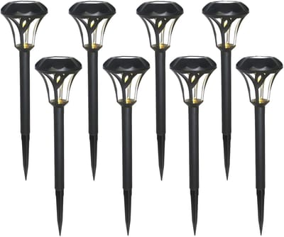 Gerimport Tuinlamp - 8x - solar - LED licht - kunststof - H38 cm - zwart - grondpin - prikspot
