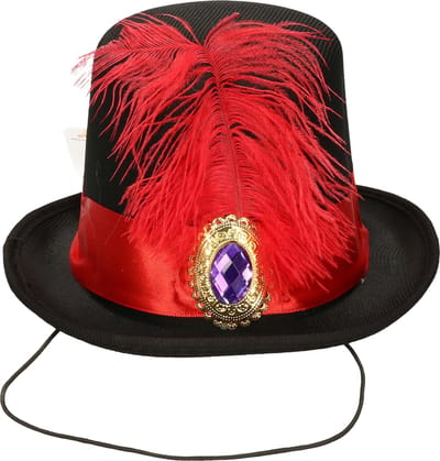 Guirca Carnaval verkleed mini hoge hoed voor diverse thema's - zwart/rood - veertje - dames