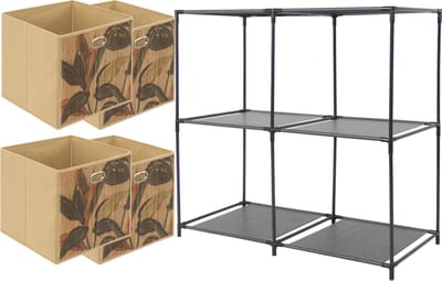 Kastmandjes/opberg manden - beige/print - 4x stuks van 29L - Metalen rekje is 68 x 70 cm