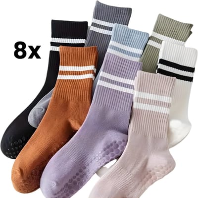 Goodli Antislip Yoga & Pilates Sokken Dames - Set van 8 Paar - Comfortabele Grip Sokken voor Studio, Thuis & Fitness - Ademend & Elastisch Polyestervezel - Zachte Stof & Sterke Antislip Zool - Geschikt voor Yoga, Pilates & Barre Training