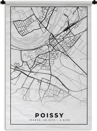 Wandkleed - Wanddoek - Plattegrond – Kaart – Frankrijk – Poissy - Stadskaart - Zwart wit - 120x180 cm - Wandtapijt