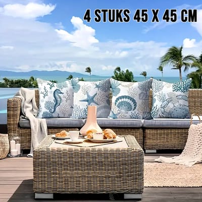 Allernieuwste.nl® 4 Stuks Kussens OCEAAN Strand Schelpen Koraal Zeester - 2x Kussenhoes Polyester - Kussenovertrek Strand - Kleur 45 x 45 cm - SET 2 Stuks