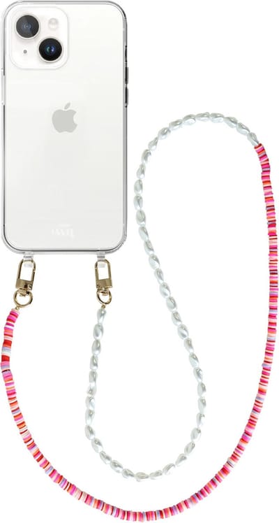xoxo Wildhearts silicone case met koord - Transparant telefoonhoesje met koord - telefoonketting - Island Girl - long - Cord Case - geschikt voor Apple iPhone 15 Plus - Lange parelketting / kralenketting - Parels - Wit / Roze