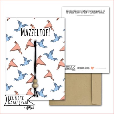 Kaartkadootje -> Gelukspoppetje - No:09 (Mazzeltof - Gelukswens - Origami Duiven vogels, Blauwe/Roze) - LeuksteKaartjes.nl by xMar