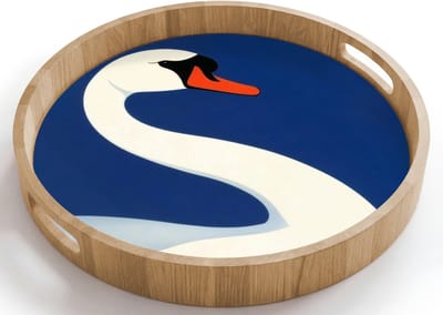 Dienblad rond 40x40 cm - Schootdienblad hout - Zwaan - Wit - Snavel - Illustratie - Borrelplank rechthoek - Plateau houten dienbladen