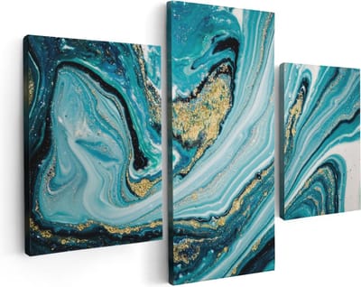 Artaza Canvas Schilderij Drieluik Abstracte Luxe Kunst in het Blauw met Goud - 90x60 - Foto Op Canvas - Canvas Print