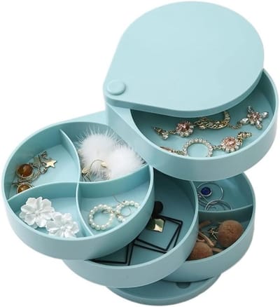Sieradendoos Organizer - Juwelendoosje Opslag - Netjes Opbergen - 360 Graden Draaibaar - 12.5 x 10.5 x 11.5 cm - Blauw