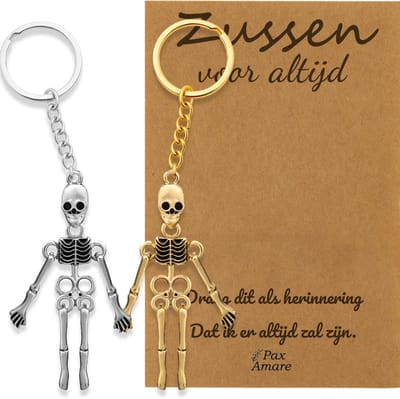 BFF Sleutelhanger voor 2 'Zussen voor altijd' - Magnetische Skeletjes - Sleutelhanger set op Cadeau Kaartje Sleutelhanger set - Zilverkleurig & Goudkleurig - Vriendschap Symbool - Pax Amare