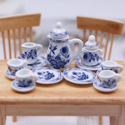 15 stuks 1:12 Miniatuur Porseleinen Theekopjes Set Bloemen Servies Keuken Poppenhuis Meubels Speelgoed Voor Kinderen Theekopjes Poppenhuis 15PCS gray