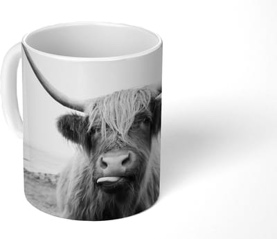 Mok - Koffiemok - Dieren - Schotse hooglander - Koe - Zwart - Wit - Mokken - 350 ML - Beker - Koffiemokken - Theemok
