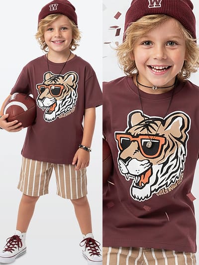 Denokids CFF-26Y1-109 Bruine Jongens T-shirt en Gestreepte Short met Tijger Print 110
