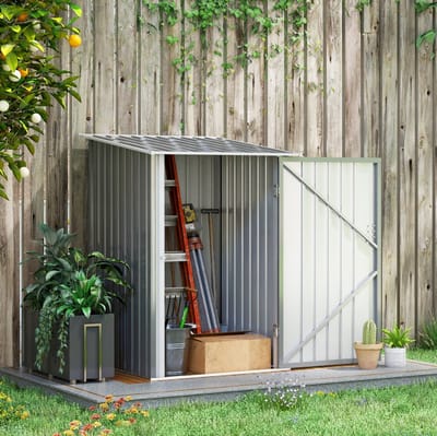 MEUNIQ stalen tuinschuur 100 x 103 x 160 cm met schuin dak en afsluitbare deur, berging voor tuin en terras, grijs