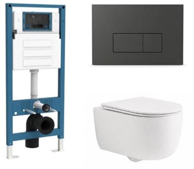 QeramiQ Dely Swirl Toiletset - inbouwreservoir Qeramiq Flush - slim zitting - kunststof mat antraciete bedieningsplaat - rechthoekige knoppen - mat wit