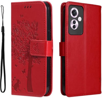 Geschikt voor Oppo Reno 11 F 5G - Portemonnee en Kaartsleuven - Magnetische Sluiting - Reliëfpatroon Boom - Book Case Hoesje - Rood