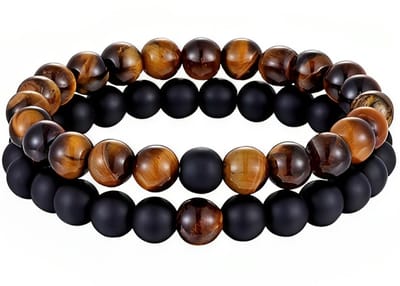 Dubbele Kralen Armband - Natuursteen - Armbanden Heren Dames - Zwart / Tijger Oog Bruin - Papa Cadeau Voor Mannen - Vaderdag