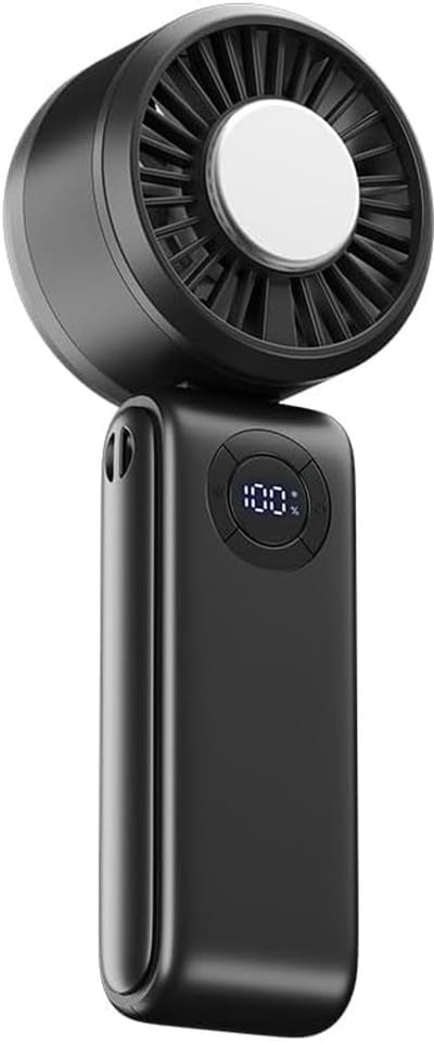 Draagbare handventilator, 3-in-1 oplaadbare persoonlijke ventilator, vijf windsnelheden, 4000mAh batterij, digitaal display, 90° inklapbaar, snelle koeling, kleine tafelventilator, geschikt voor reizen, kamperen en buitensporten - Zwart