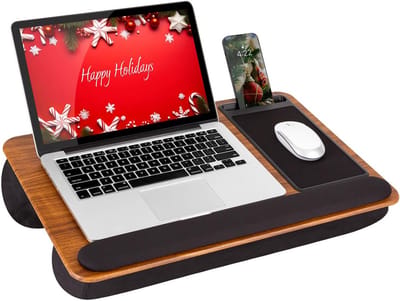 LAPGEAR Home Office Pro Schootbureau met polssteun, muismat en telefoonhouder - Espresso Woodgrain - Geschikt voor laptops tot 15,6 inch - Stijl nr. 91612