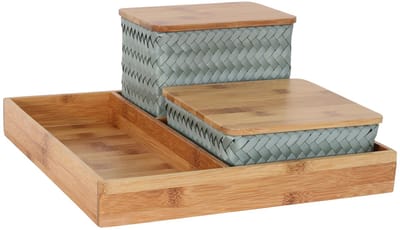 Organizer - Opbergmanden met bamboe deksel en vierkante tray - Bureau Organizer - Bureauhouder - Bureau accessoires Set - Set manden met deksel - Handgemaakt - Duurzaam - Organize (F)it ! - licht groen - eucalyptus