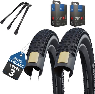 2-delige Set Schwalbe Fietsbanden Rapid Rob van 29 inch x 2,10 (54-622) buitenband + Frans/Presta ventiel binnenband en 3 metalen MSZweirad bandenlichters voor eenvoudige wisseling van banden