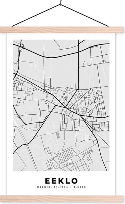 Posterhanger incl. Poster 40x60 cm - Schoolplaat - Kaart – Plattegrond – Stadskaart – Eeklo – België – Zwart Wit - Textielposter - Blanke latten - Stadskaart