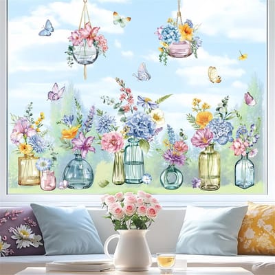 Raamsticker, lente, zomer, tuin, bloem in pot, vaas, dubbelzijdig, blauwe en paarse veldbloem, vlinders, tegen botsingen, glas, venster, deuren