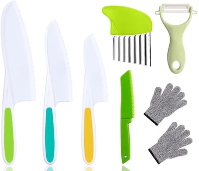 Dailygoods- Keukenmessenset 7-delig - Kindermessen - Veiligheidsmessen - Gekartelde Randen - Voor Snijden en Koken - Huidvriendelijk