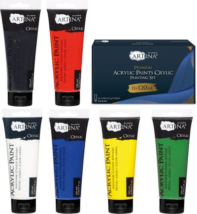 Artina Crylic Acrylverf Set 6 x 120 ml Hobbyverf - plakkaatverf - acryl verf tubes - Hoge Dekkracht, Kleurkracht en Lichtechtheid