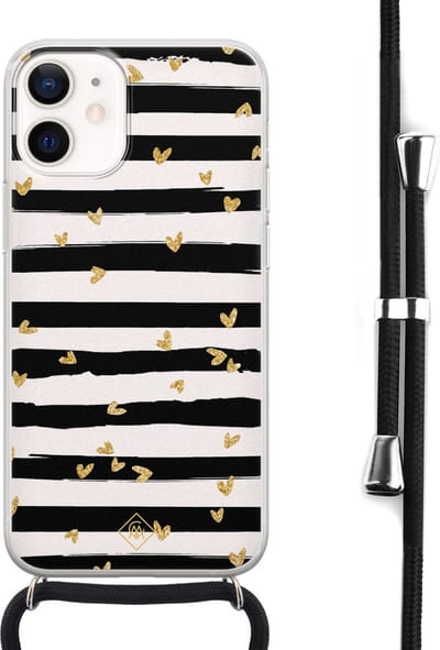 Casimoda® hoesje met koord - Geschikt voor iPhone 12 Mini - Hart Streepjes - Afneembaar koord - Siliconen/TPU - Zwart