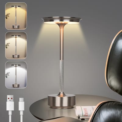 Rosnek Zilveren Draadloze Tafellamp Oplaadbare met Touch Dimbaar - Geheugenfunctie - 3 Kleurtemperaturen - 28 cm Aluminium Bureaulamp Industrieel voor Thuis, Kantoor of Camping