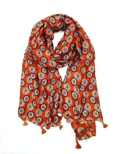 Lange dames sjaal Britney fantasiemotief donker oranje wit bruin beige donker bruin camel