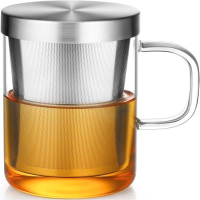 carmdering - Beker voor kruidenthee met filter - glazen mok voor infusie met staal zeef - 500 ml -Theebeker met filter, Losse thee, Glazen mok, Infuser, RVS zeef, Hittebestendig glas, Cadeau voor theeliefhebber, Duurzaam drinken