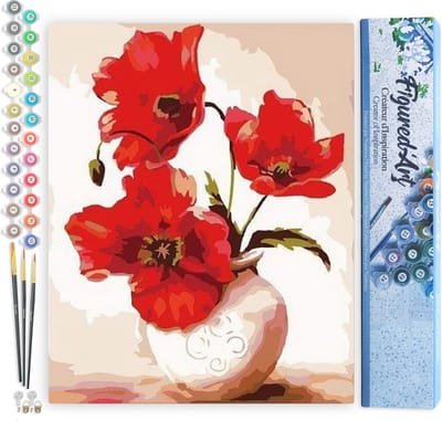 Figured'Art Schilderen op Nummer Volwassenen canvas Mooie klaprozen - Handwerk acrylverf Kit DIY Compleet - 40x50cm zonder frame