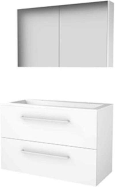 Basic-Line Comfort 46 Badkamermeubelset - 100 x 46 cm - Met Grepen - 2 Lades - Acryl Wastafel - 2 Kraangaten - Spiegelkast - Ice White