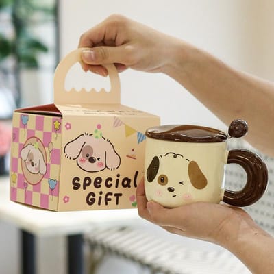 Schattige Cartoon Puppy Mok met Deksel Keramische Kop Om Vriendin Verjaardagscadeau Hoge Uitstraling Betekenisvol Souvenir 401-500ml