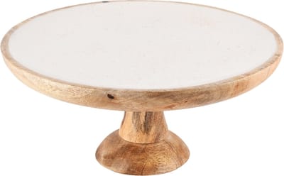Dekoratief | Taartschotel op voet, naturel/wit, hout/enamel, 28x28x14cm | A248124