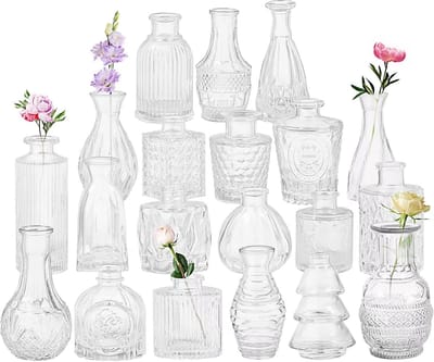 Glazen Vaasjes Set - Kleine Vazen - Decoratie Tafel - Vintage Reliefpatroon - 20 Stuks - Transparant