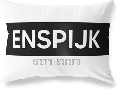 Tuinkussen ENSPIJK - GELDERLAND met coördinaten - Buitenkussen - Bootkussen - Weerbestendig - Jouw Plaats - Studio216 - Modern - Zwart-Wit - 50x30cm