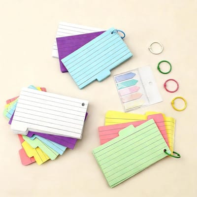 300 Stuks 6 Ring Flashcards in 6 Kleuren, Herinneringskaarten met Pijlen voor School en Thuis, Ideaal voor Studeren en Notities (130 x 70mm)