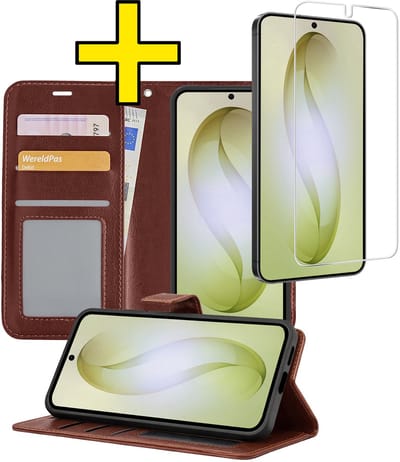 Hoesje - Met Screenprotector - Geschikt voor Samsung Galaxy S26 - Luxe Pasjeshouder - Bookcase Portemonee - Flip Case - Kunstleer Book Case - Flipcase - Book Cover - Walletcase - Portemonneehoes - Telefoonhoesjes - Bruin